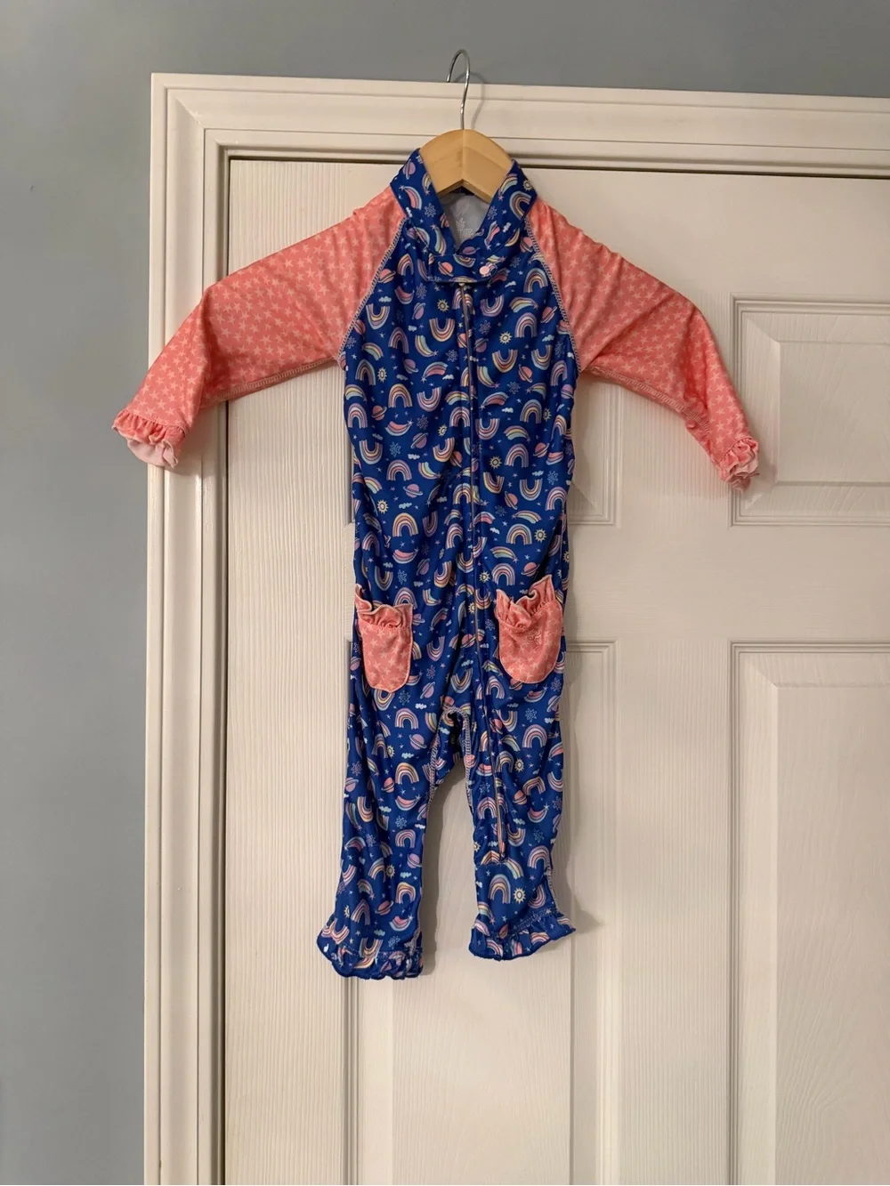 Girls Blue & Pink Rainbow Zip-One Swim Rashguard Long Sleeve Long Pants Ruffle